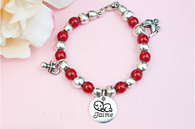 Pulsera Bebé Nombre Bolitas Roja