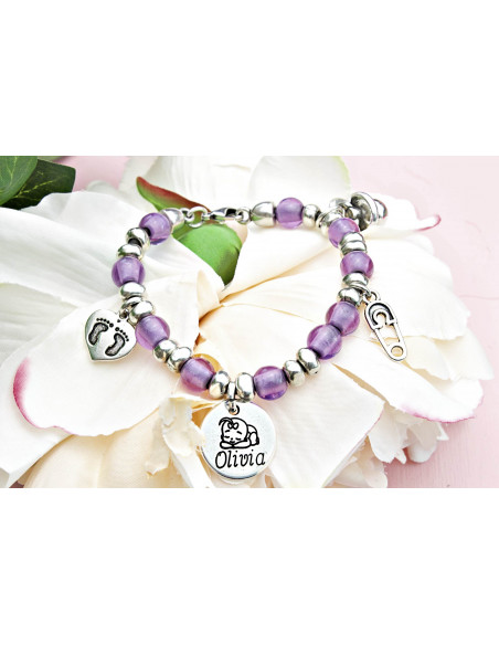PULSERA BEBÉ NOMBRE BOLITAS Lila