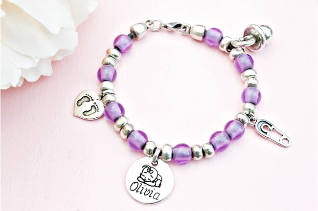 PULSERA BEBÉ NOMBRE BOLITAS Lila