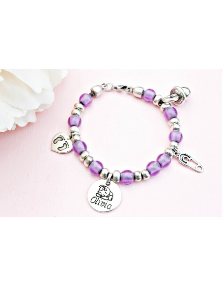 PULSERA BEBÉ NOMBRE BOLITAS Lila